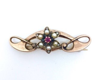 Art Nouveau 9ct Rose Gold, Ruby, Seed Pearl and Diamond Brooch