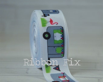 2 yards 7/8" Camper Trailers Grosgrain Ribbon - US Designer Print - Travel - Trailer Park - Flamingo - Flag - Camping - Summer - Campground
