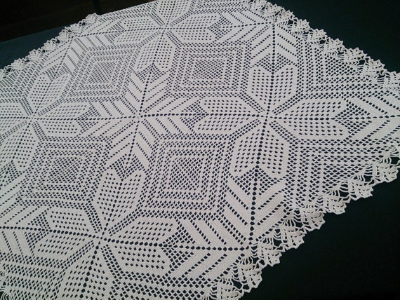 Vintage Crocheted Lace Square Tablecloth. Ecru Natural