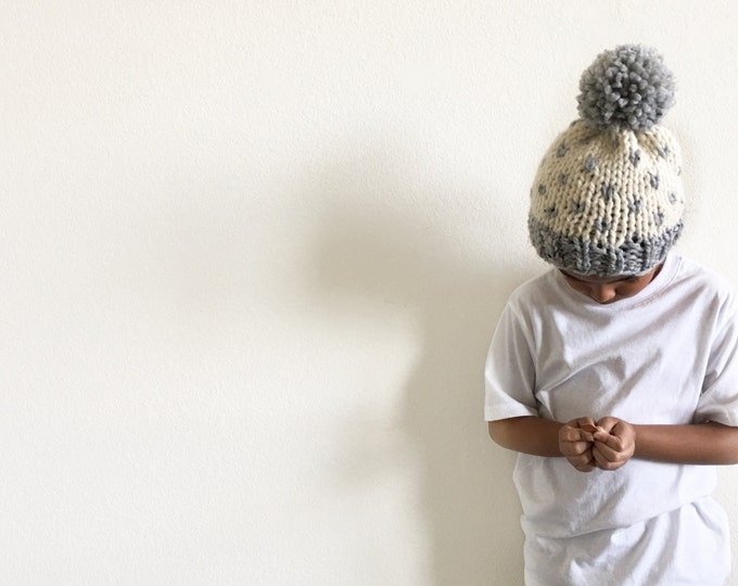 Newborn-toddler-kids Fair Isle Knit Slouchy Baby Beanie Hat With Large Pompom//THE LITTLE TRAVELER//in Fisherman and Grey Marble