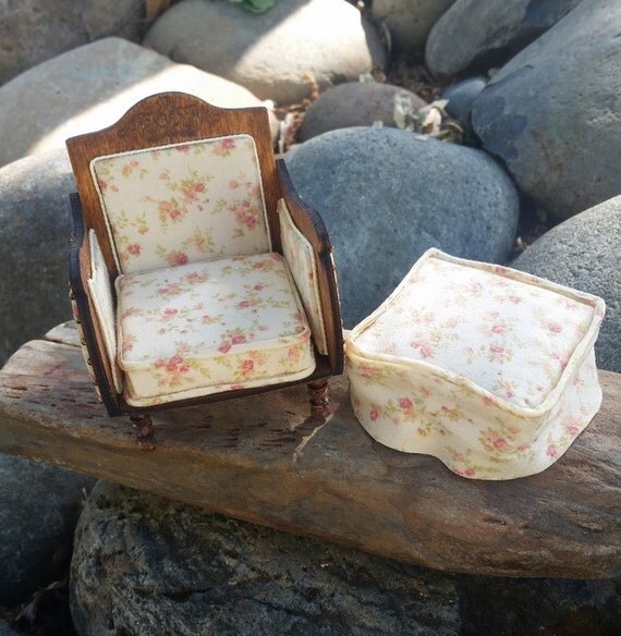 Miniature Dollhouse Chair Fabric and ottoman covered with
