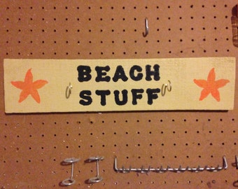 Wooden Sign/Plaque "Beach Stuff" with hooks for hanging stuff