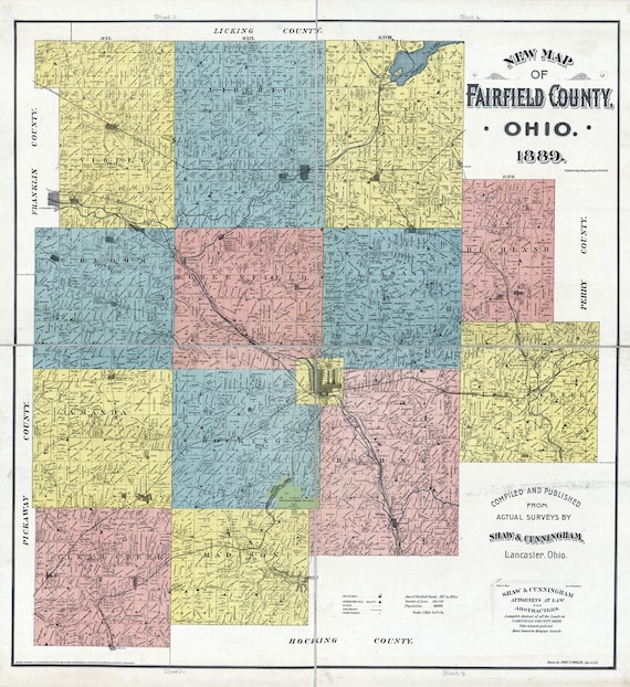 1889 Farm Line Map of Fairfield County Ohio Lancaster