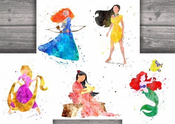 Disney princesses art printDisney princesses watercolor