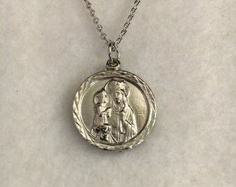 Fall Sale Vintage Saint Anne religious medal, Patron Saint, silver rhodium plated religious medallion, St Anne de Beaupre, 3/4" pendant