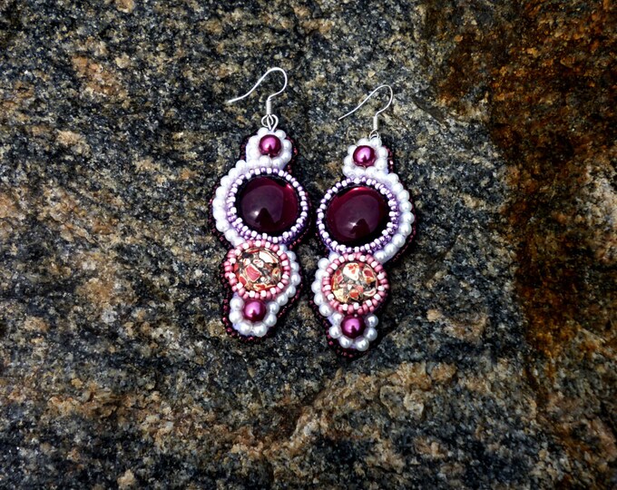 Bead earrings beaded embroidered Dangle Drop earrings Marsala lilac Pink white wedding turkvenit Fashion statement jewelry Bridesmaid event
