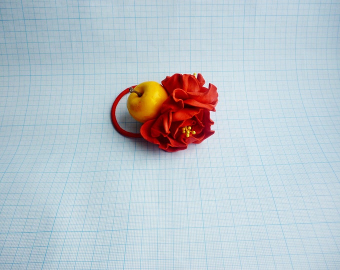 Scrunchy Red flowers yellow apple barrette Red roses handmade Hair Ties Flower Pin Prom Wedding Mom Event Flowers Gift for her Frida Kahlo