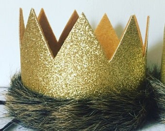 Wild Things Are Glitter Gold and Mustard Medium Crown Headband, King of the Jungle Crown Hat, Lion Crown, First Birthday, G