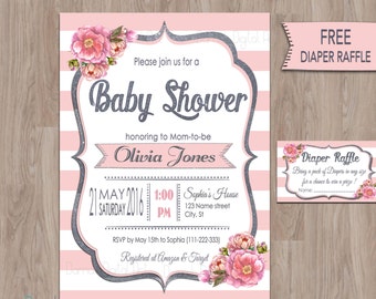 Pink Gray Baby Shower Invitations, pink baby shower invitation, baby shower pink and grey, Baby Shower invitation girl, Girl, printable