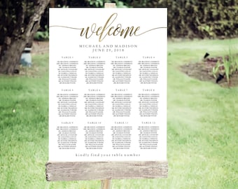 Wedding Seating Chart Template | Editable PDF, Printable Seating Plan Poster, Seating Board | Gold Lettering | ED 5153