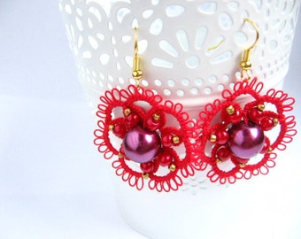 RED ROSETTES lace earrings tatting Ankars earrings purple glass red LACE tatted delicate lace chiacchierino frivolite gift for yourself