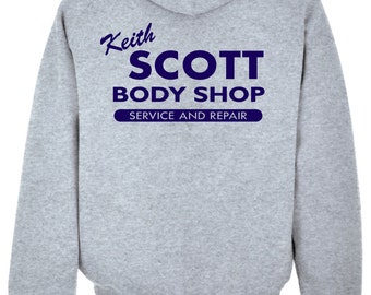 Keith Scott Grey Hooded Sweat One Tree Hill Body Shop Adult Hoodie Print on Back heather grey