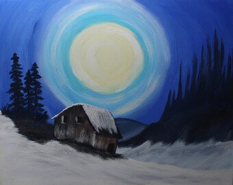 House in the winter - painting on a canvas
