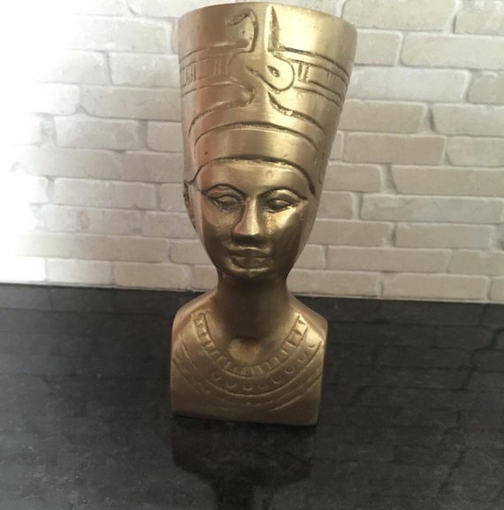 Vintage Solid Brass Queen Nefertiti Bust Egyptian Pharaoh