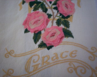 Victorian Pink Roses Embroidered Tea Towel, Grace Embroidered Tea Towel, Pink Roses and Grace Embroidered Tea Towel, Flour Sack Towel