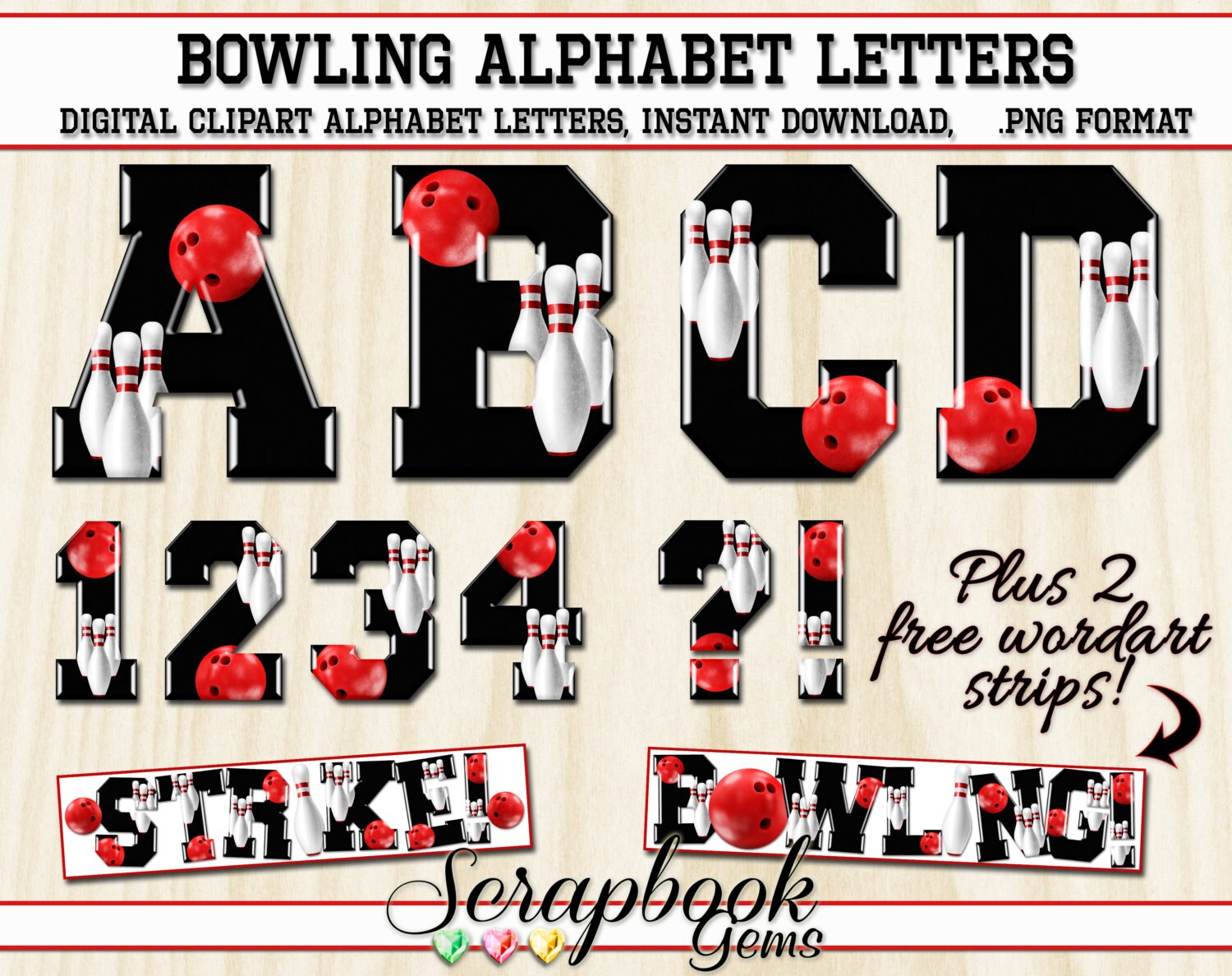 Sports Bowling Letters & Numbers Digital Clipart 40 High