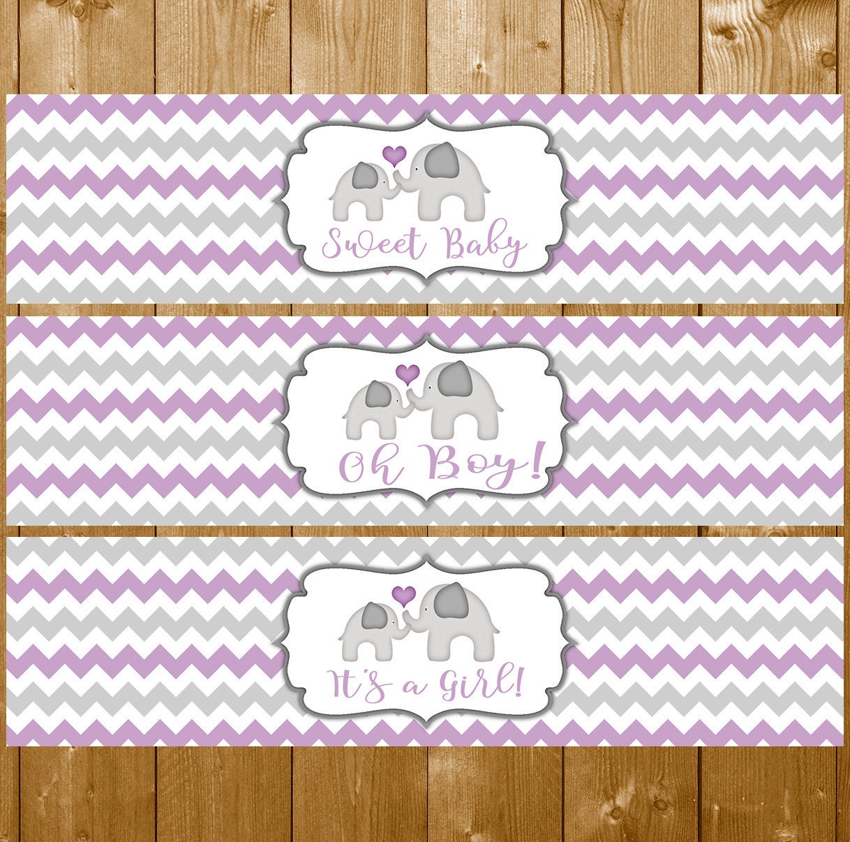 elephant water bottle labels for baby shower by showerprintables