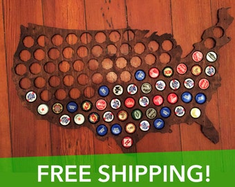 Beer Cap Map of USA, Honey Brown Wood Bottle Cap Map, Craft Beer