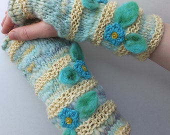 Handknitted fingerless mittens, fingerless gloves, wool arm warmers - Summer Rain