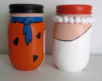 Hand-Painted Fred and Wilma Flintstone Inspired Mason Jar Piggy Banks, set of 2, pint-sized