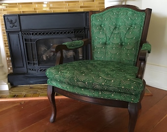 BEAUTIFUL Custom Upholstered Vintage French Louis Chair - Green Emerald Chenille Circle Stained Wood | Home Decor Accent Chair