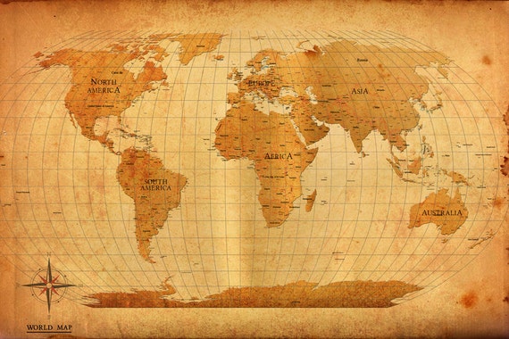 World Map Vintage Style Poster Print