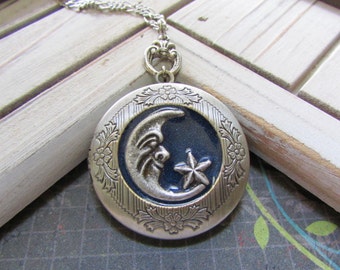 Blue moon Antique silver Locket Necklace- Bride Bridesmaid gift Birthday Sister Mom Daughter, best of friends locket.