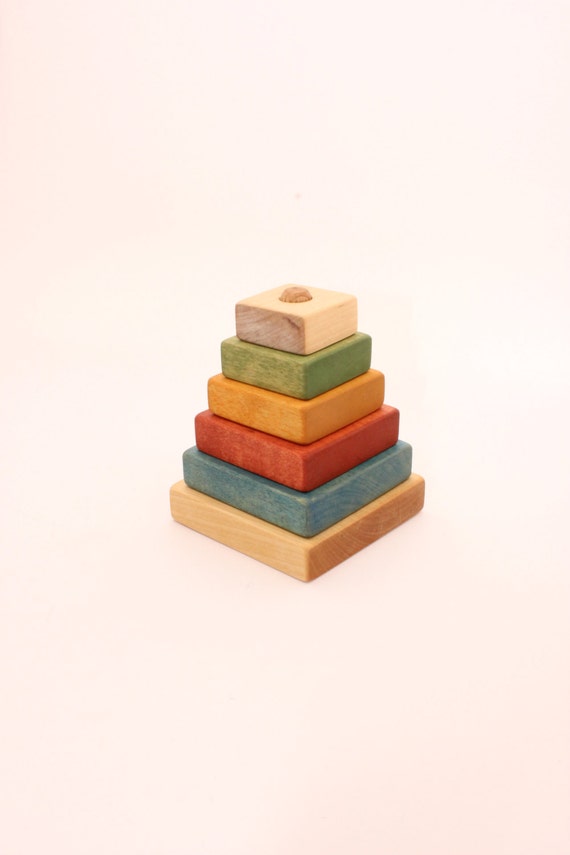 Wooden pyramid Square stacking toy Coloured by WoofWoofWood