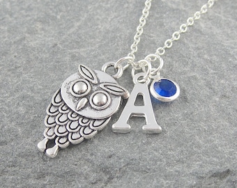 Owl necklace, personalized jewelry, initial necklace, swarovski birthstone, gift for her, silver owl jewelry, birthstone jewelry