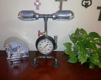 Steam Punk Lamp, One of a Kind Pipe Lamp, Large Vintage Air Pressure Gauge, Conversation Piece, Vintage type filament bulbs, Industrial Lamp