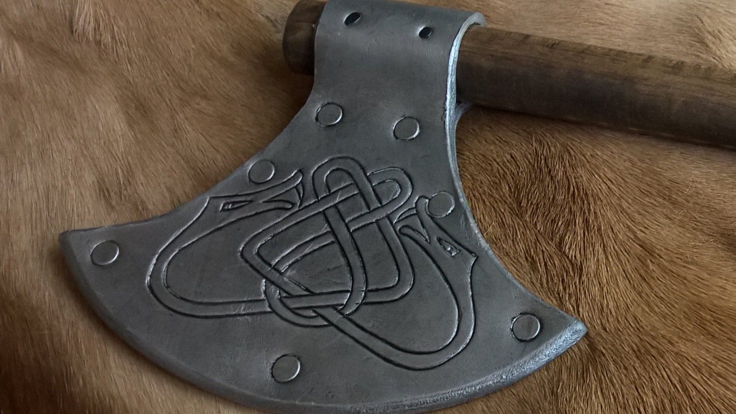 Leather Viking Axe With Celtic Serpent Knot Carving