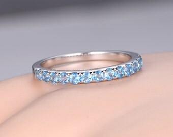 blue topaz wedding band solid 14k white gold half eternity ring engagement ring stacking matching band - Topaz Wedding Ring blue topaz wedding band solid 14k white gold half eternity ring engagement ring stacking matching band - Topaz Wedding Ring