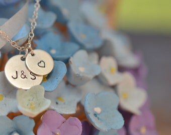 Tiny two discs necklace, Initials necklace with heart symbol, Couples necklace, Silver disc necklace, Dainty delicate customized necklace