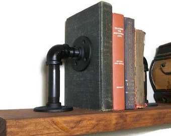 Set of Industrial Pipe Bookends, Steampunk Bookends, Black Iron Pipe Book Accessories, Rustic Book Stops