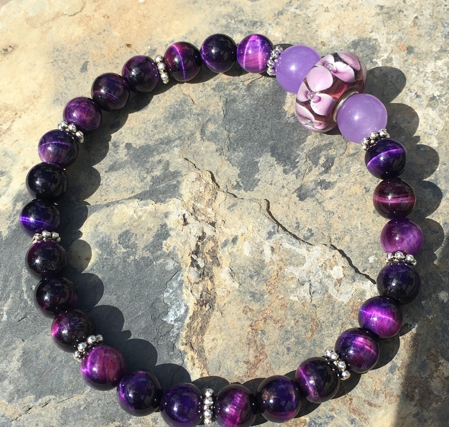 Purple Tiger's Eye & Genuine Purple Jade with Flower Glass