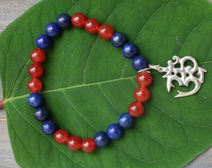 Ruby & Lapis Lazuli Bracelet With Ohm Pendant, Ohm Charm Bracelet, Red-Blue Bracelet, Blue Bracelet, Ohm, Om, Aum, Hindu Jewelry, Fatherday