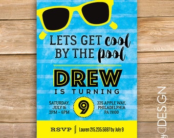 Pool Party Invite, pool invitation, sunglasses, swimming party, birthday party, swim, water, any age, printable, instant download