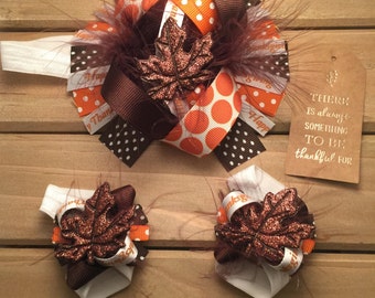 SALE Thanksgiving Hair Bow, Barefoot Sandals, Happy Thanksgiving, Baby Girl Thanksgiving Outfit, Baby First Thanksgiving Outfit