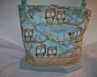 Owls / Cottton quilted tote bag / aqua pastel / large tote with two pockets, one outside t103ao