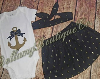 3 piece set- anchor bodysuit-headband-skirt