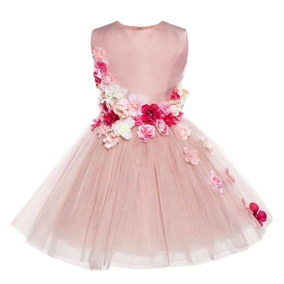Ross Unique Luxury Flower Pink Full Length Tulle Dress with