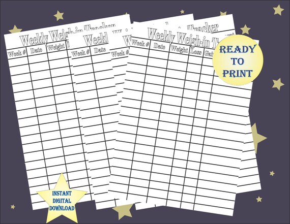 Weekly Weigh-in Tracker Single Printable Sheet 8 1/2X11 Inch