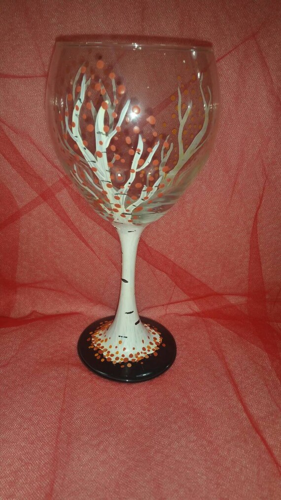 Items similar to Fall birch tree hand painted wine glass on Etsy