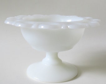 Vintage White Milk Glass Candy Dish with Lace Trim
