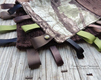 Camo Blanket, Ribbon Sensory Blanket, Minky Blanket, Taggie, Lovey