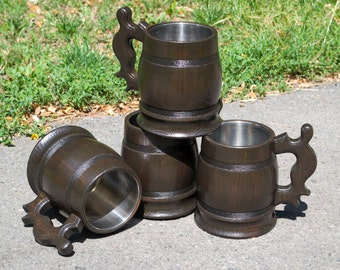 Set of wooden beer mugs, 4 wooden mug, beer mug, groomsmen gift, set of mugs, wooden mug with metal inside