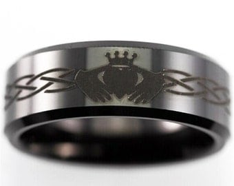 free engraving good quality celtic claddagh design ring 8mm black bevel tungsten ring comfort fit design - Mens Claddagh Wedding Ring free engraving good quality celtic claddagh design ring 8mm black bevel tungsten ring comfort fit design - Mens Claddagh Wedding Ring