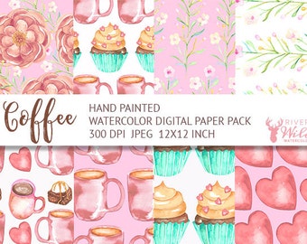 Watercolor Digital Paper Pack Set, Coffee Digital Paper Pack, Watercolor Coffee Flower Clipart, Food Clipart, Tea Clipart, Commercial Use