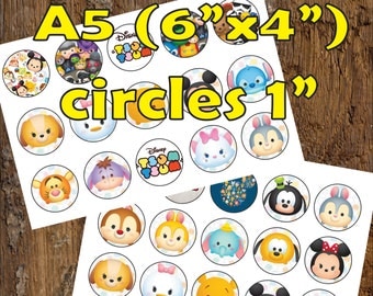 30 Tsum Tsum Digital Party Stickers Circles size 1'' sheet A5 (4''x 6'') Bottle Cap images Cupcake Toppers Disney