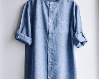 Men linen shirt, formal linen shirt, linen, stand collar shirt
